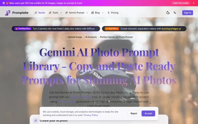 Screenshot of the Promptelle homepage
