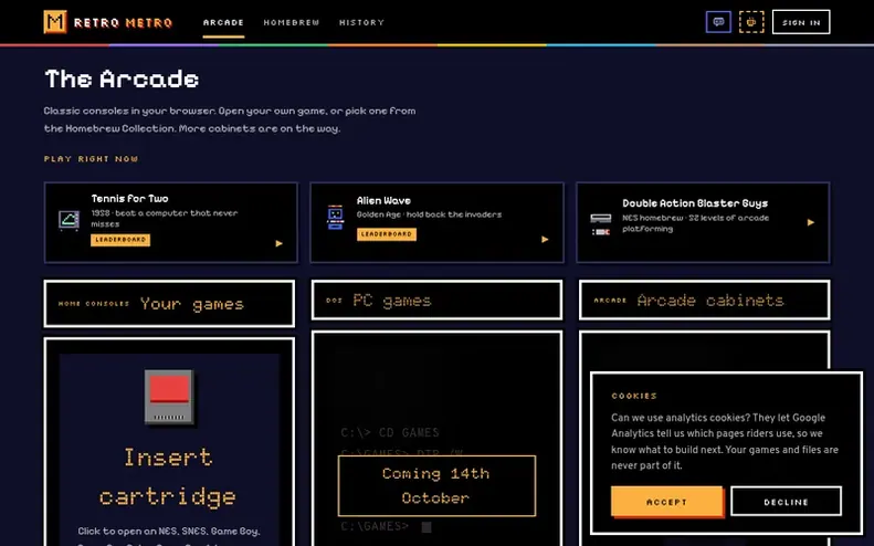 Screenshot of the Retro Metro homepage
