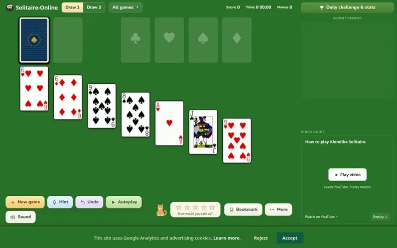 Screenshot of the Solitaire Online homepage
