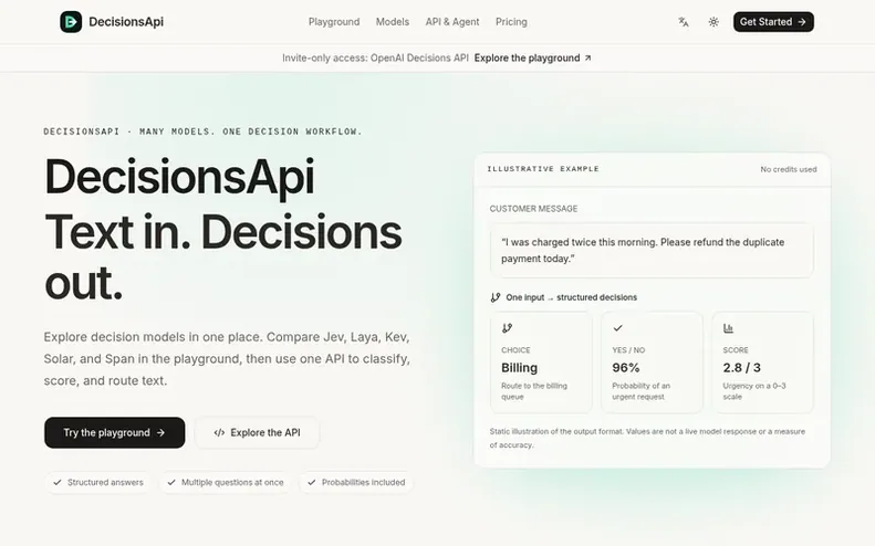 Screenshot of the DecisionsApi homepage