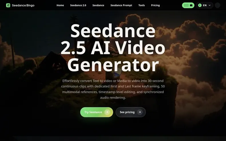Screenshot of the Seedance Bingo homepage