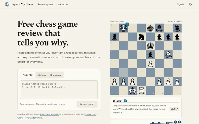 Screenshot of the Explain My Chess homepage