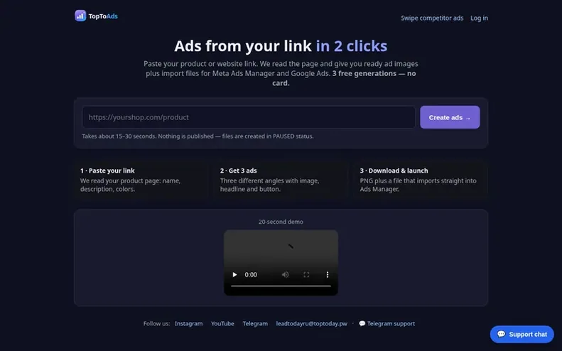 Screenshot of the TopToAds homepage