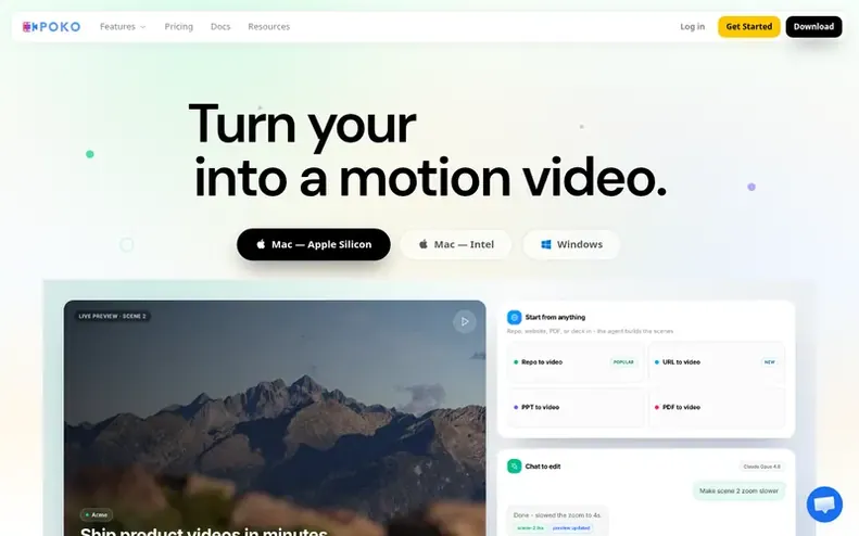Screenshot of the Poko Motion homepage