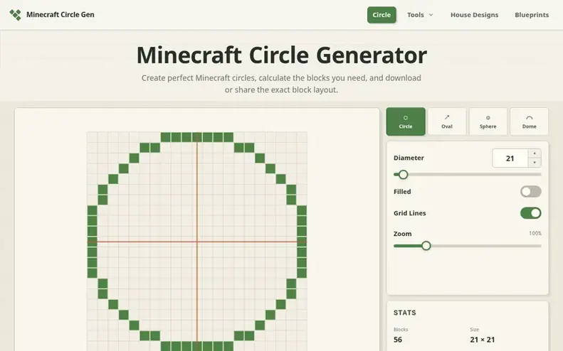 Screenshot of the Minecraft Circle Gen homepage