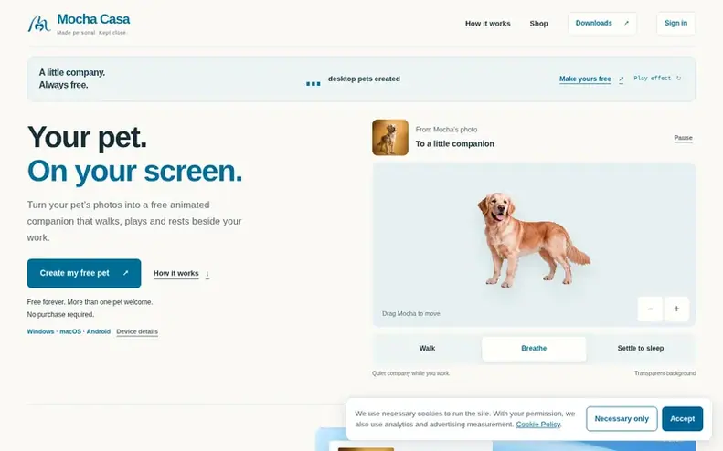 Screenshot of the Mocha Casa homepage