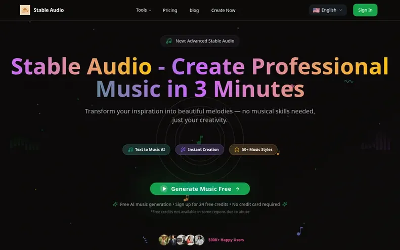 Screenshot of the Stable Audio homepage
