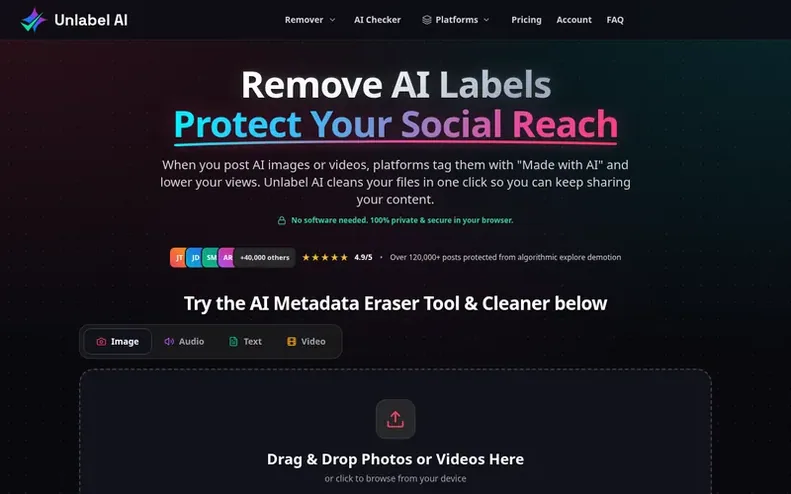 Screenshot of the Unlabel AI homepage