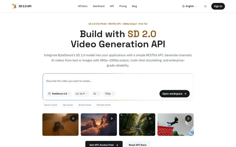 Screenshot of the SD 2.0 API homepage