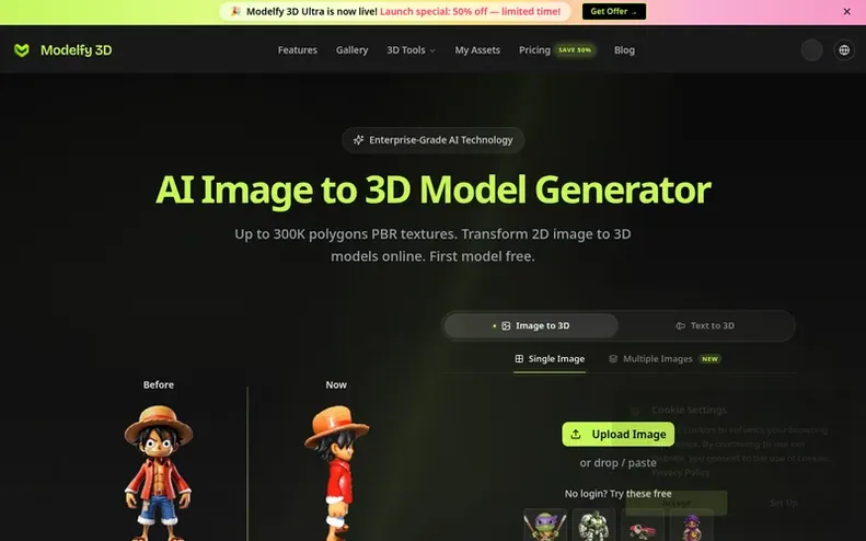 Screenshot of the Modelfy 3D homepage