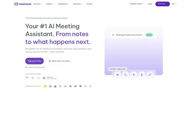 Screenshot of the MeetGeek homepage