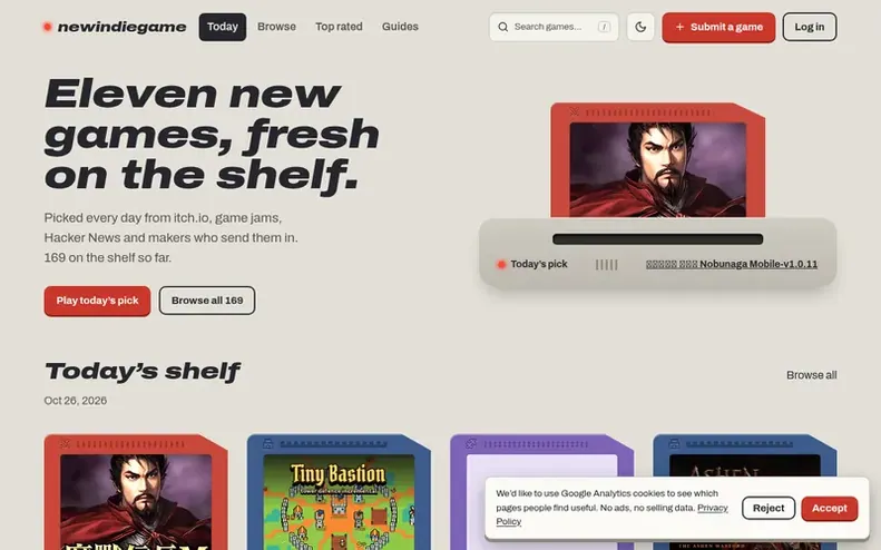 Screenshot of the newindiegame homepage