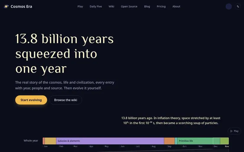 Screenshot of the Cosmos Era homepage