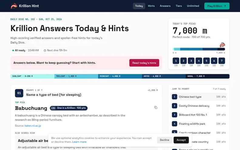 Screenshot of the Krillion Hint homepage
