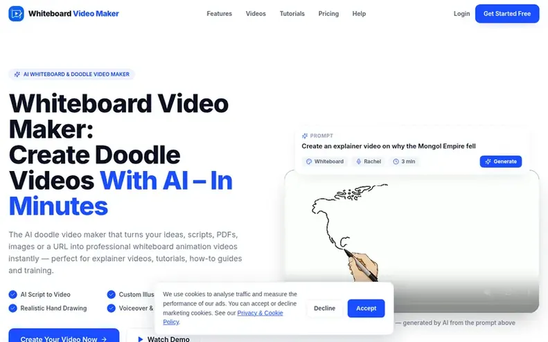 Screenshot of the Whiteboard Video Maker homepage