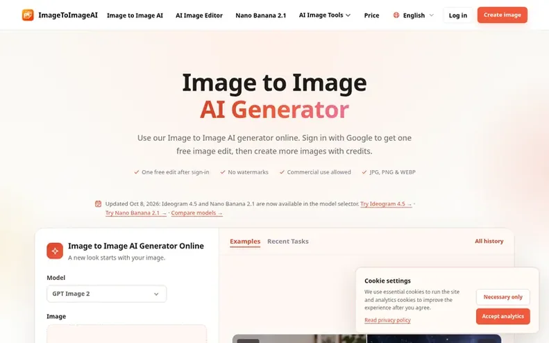 Screenshot of the Image to Image AI homepage