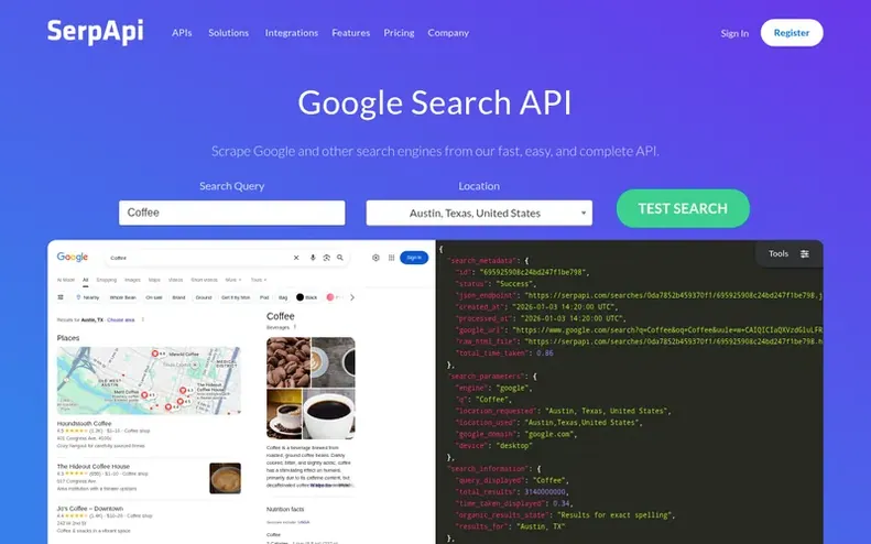 Screenshot of the SerpApi homepage