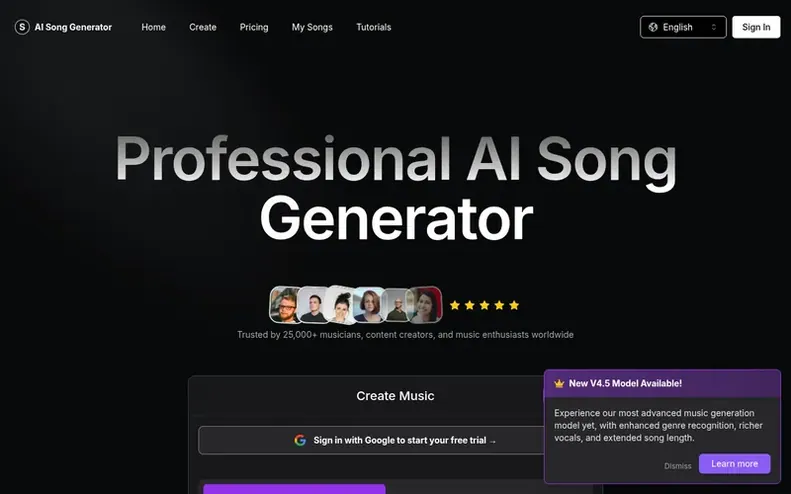 Screenshot of the AI Song Generator homepage