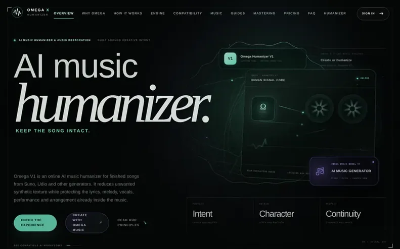 Screenshot of the Omega X homepage