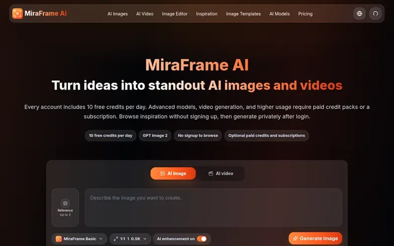 Screenshot of the MiraFrame homepage