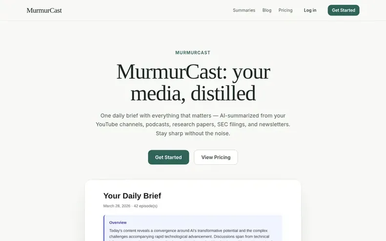 Screenshot of the MurmurCast homepage