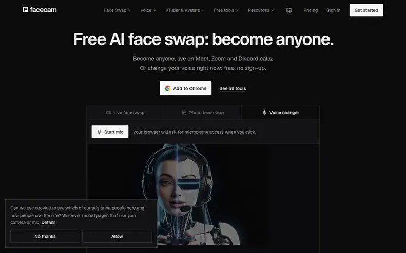 Screenshot of the Facecam homepage