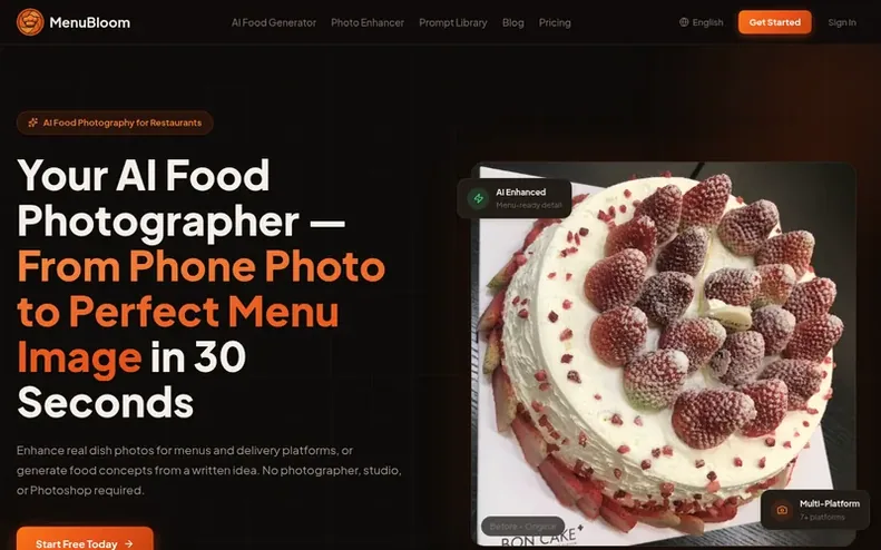 Screenshot of the MenuBloom homepage