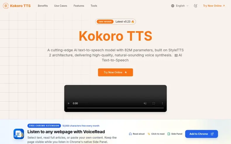 Screenshot of the Kokoro TTS homepage