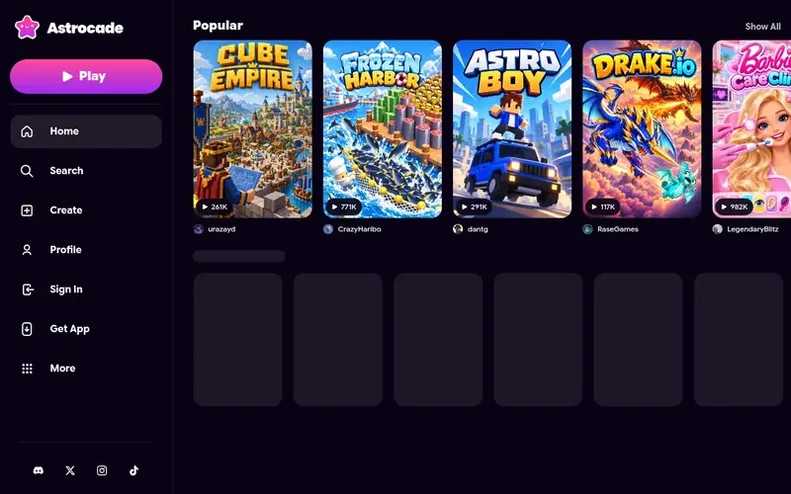 Screenshot of the Astrocade homepage