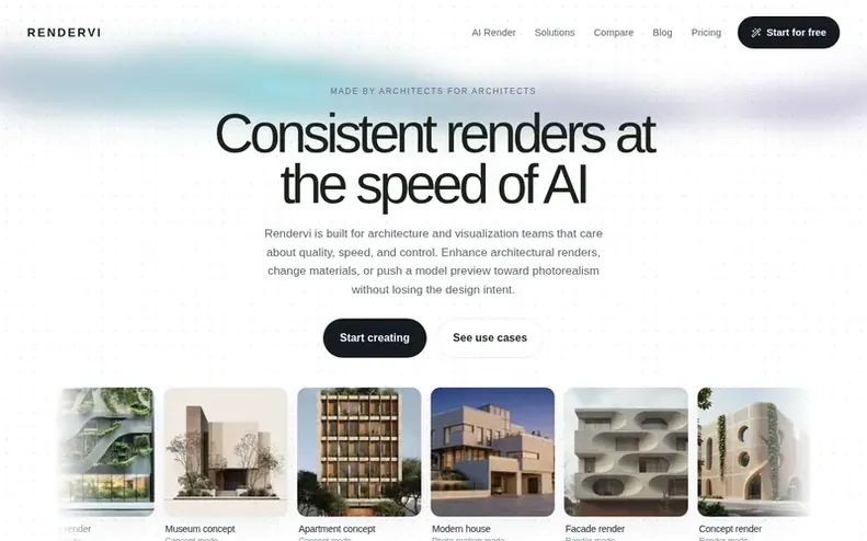Screenshot of the Rendervi homepage