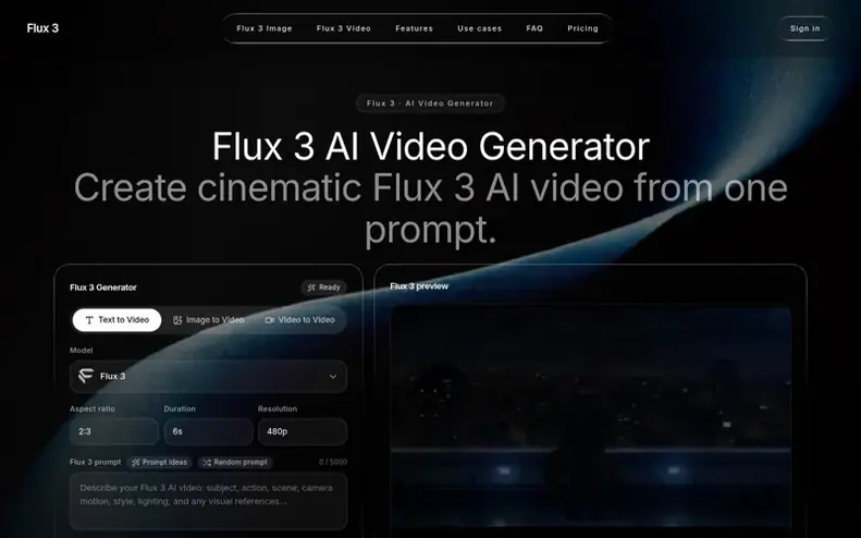 Screenshot of the Flux 3 homepage