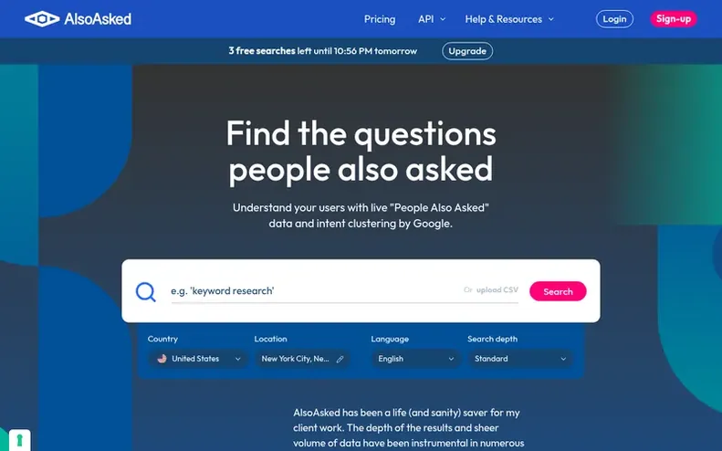 Screenshot of the AlsoAsked homepage