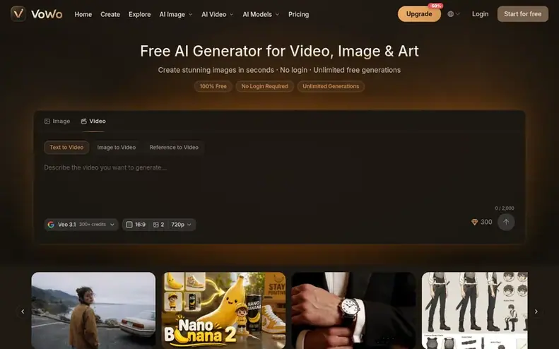 Screenshot of the VoWo AI homepage