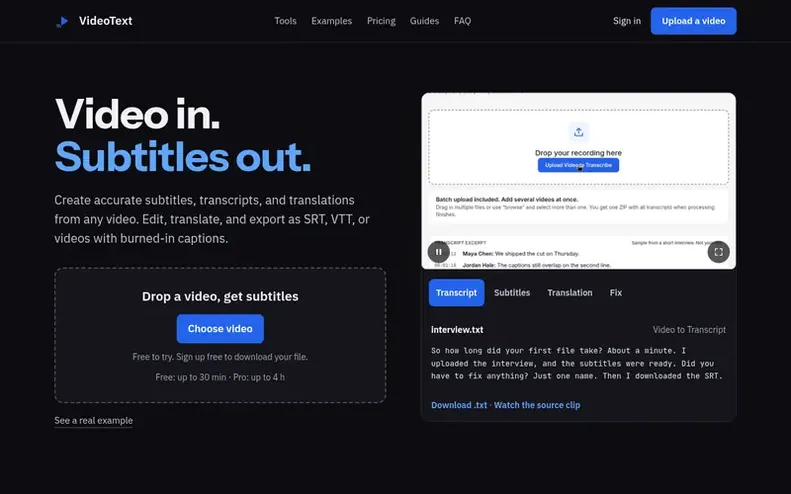 Screenshot of the VideoText homepage