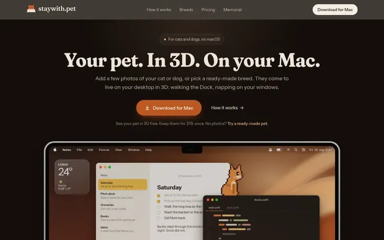 Screenshot of the staywith.pet homepage