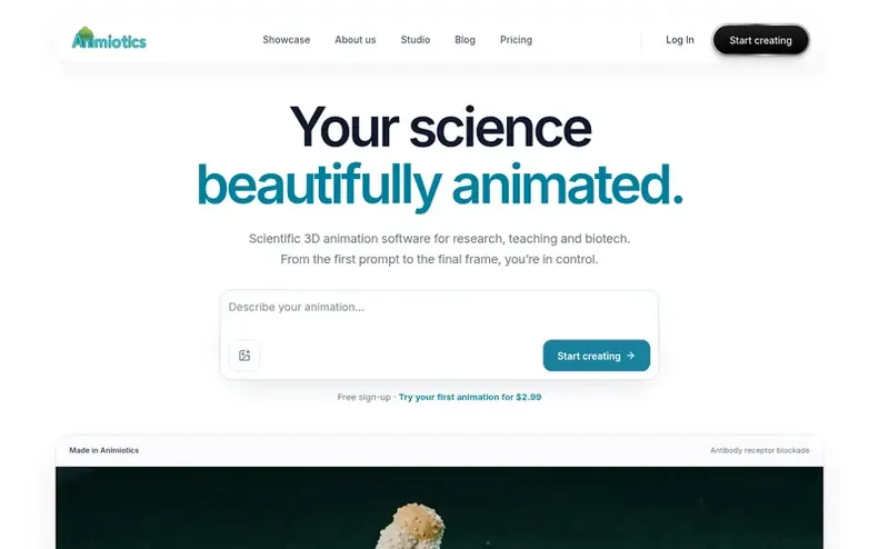 Screenshot of the Animiotics homepage