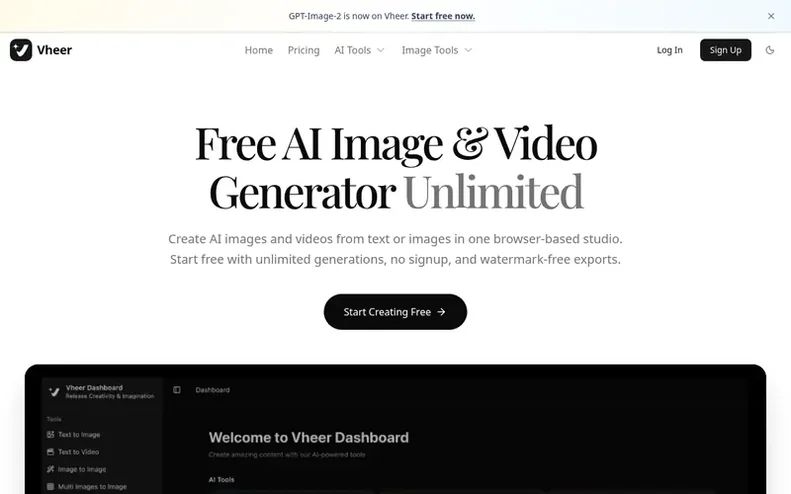 Screenshot of the Vheer homepage