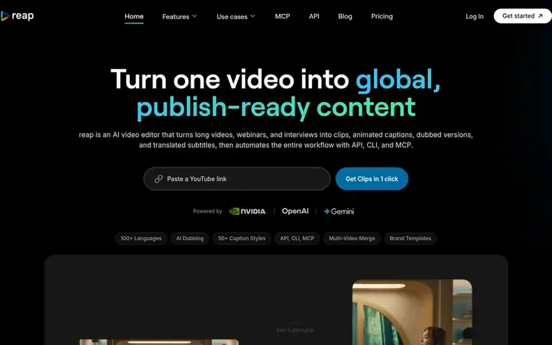 Screenshot of the reap homepage