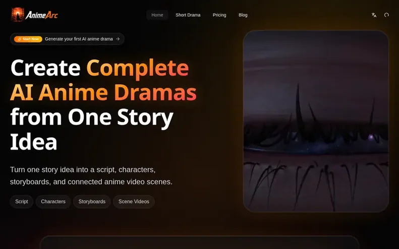 Screenshot of the AnimeArc homepage