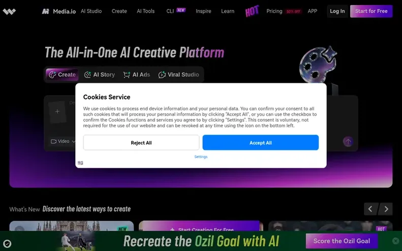 Screenshot of the Media.io homepage