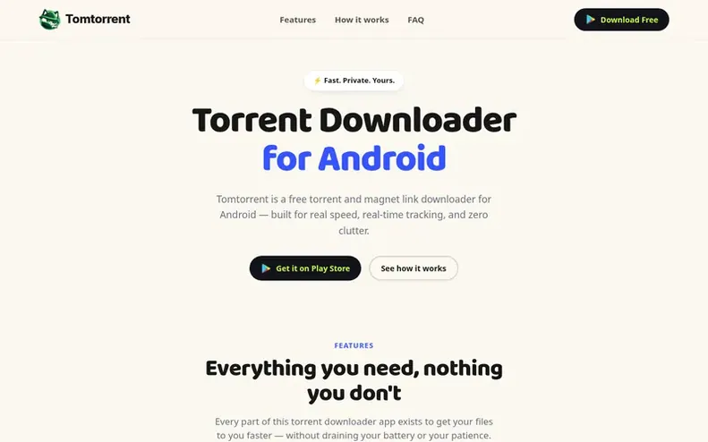 Screenshot of the Tomtorrent homepage