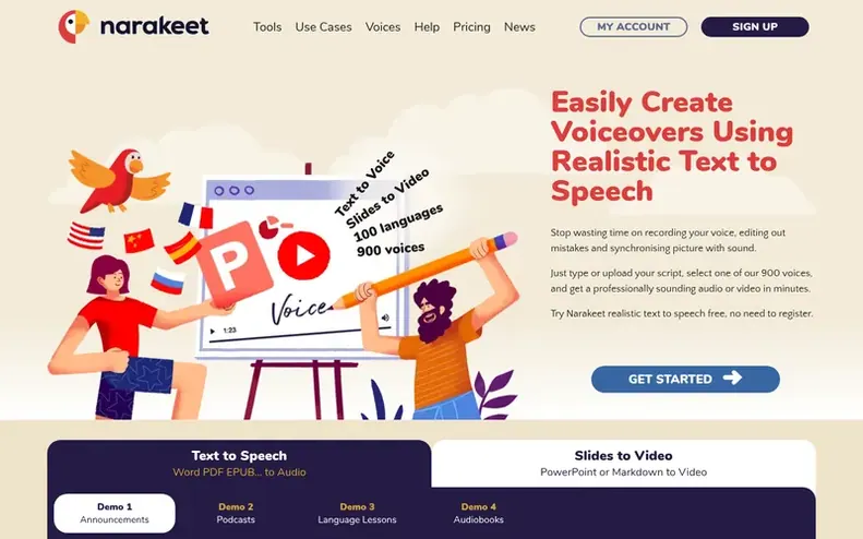 Screenshot of the Narakeet™ homepage