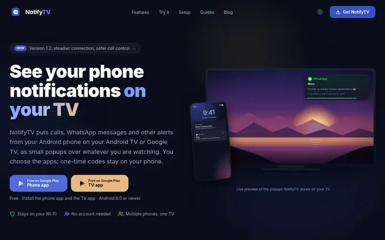 Screenshot of the NotifyTV homepage