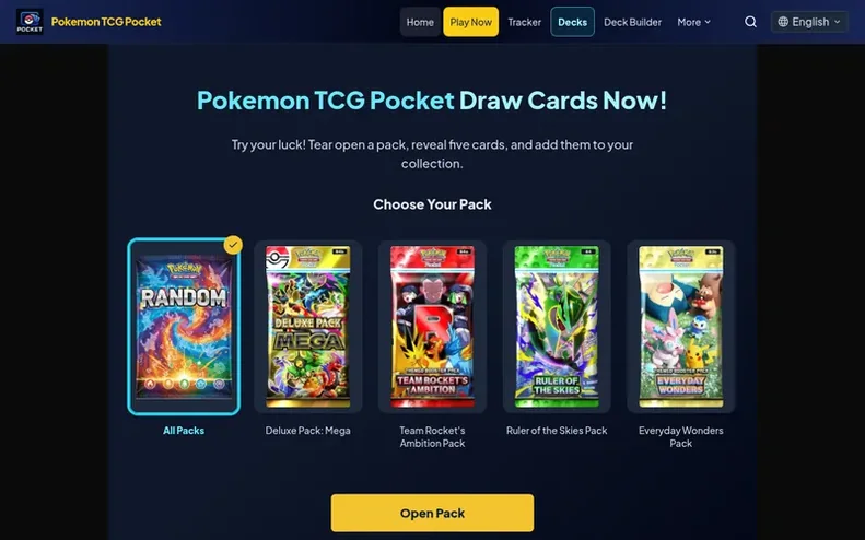 Screenshot of the Pokemon TCG Pocket PC Online homepage