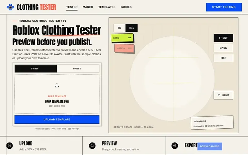 Screenshot of the Roblox Clothing Tester homepage