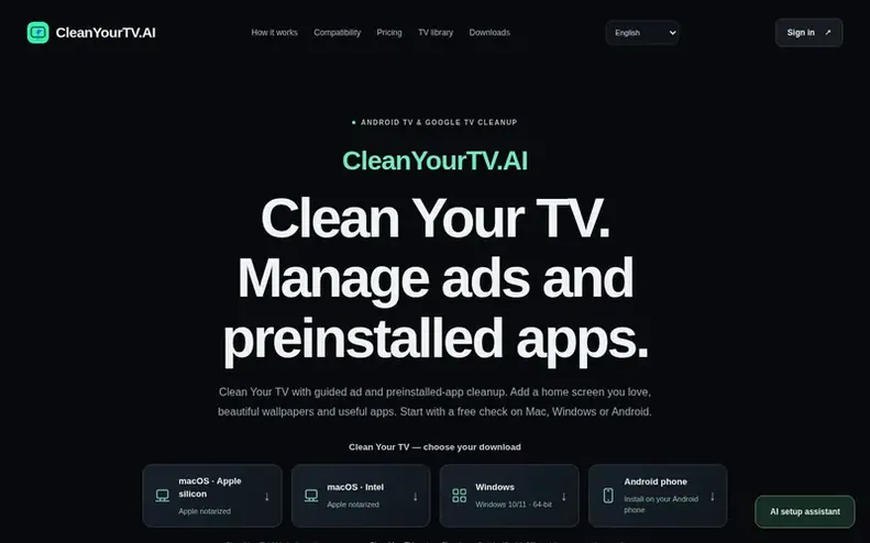 Screenshot of the CleanYourTV.AI homepage
