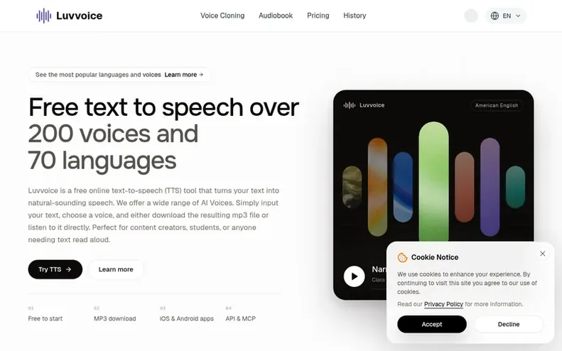 Screenshot of the Luvvoice homepage