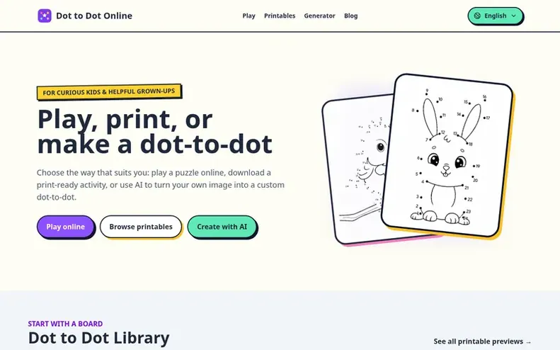 Screenshot of the Dot to Dot Online homepage