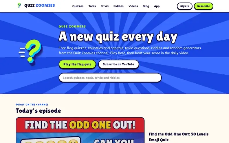 Screenshot of the Quiz Zoomies homepage