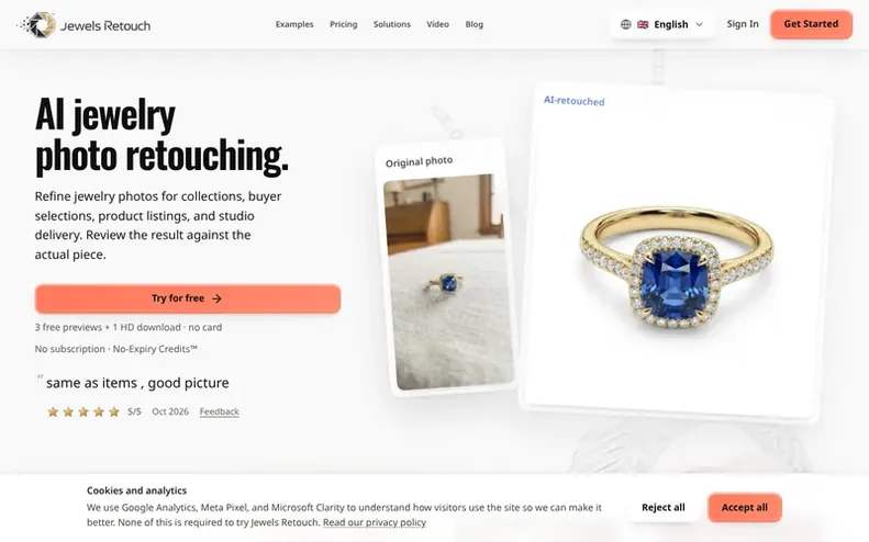Screenshot of the Jewels Retouch homepage